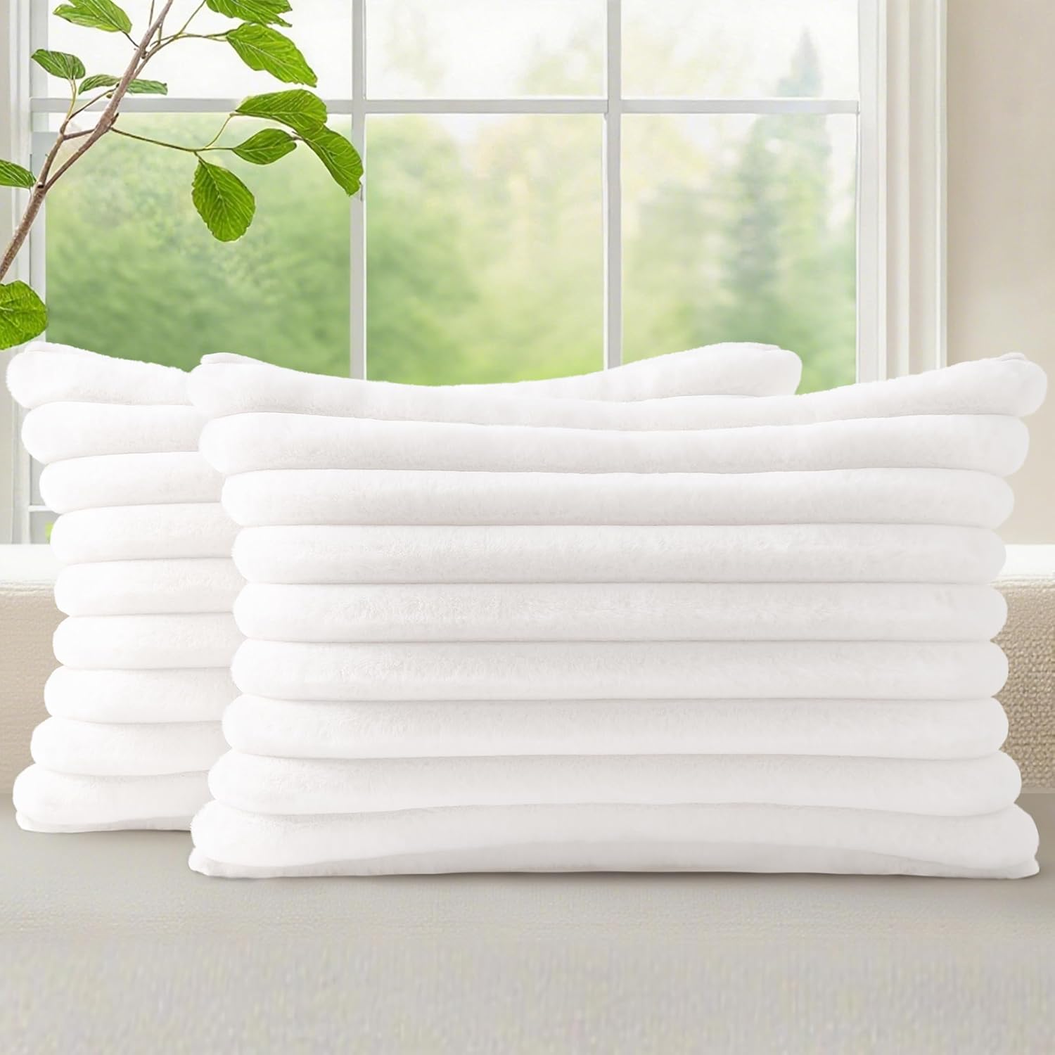 decorUhome Summer Cozy Faux Fur Throw Pillow Covers 12x20 Set of 2 Decorative Soft Plush Striped Lumbar Modern Farmhouse Boho Couch Pillow…