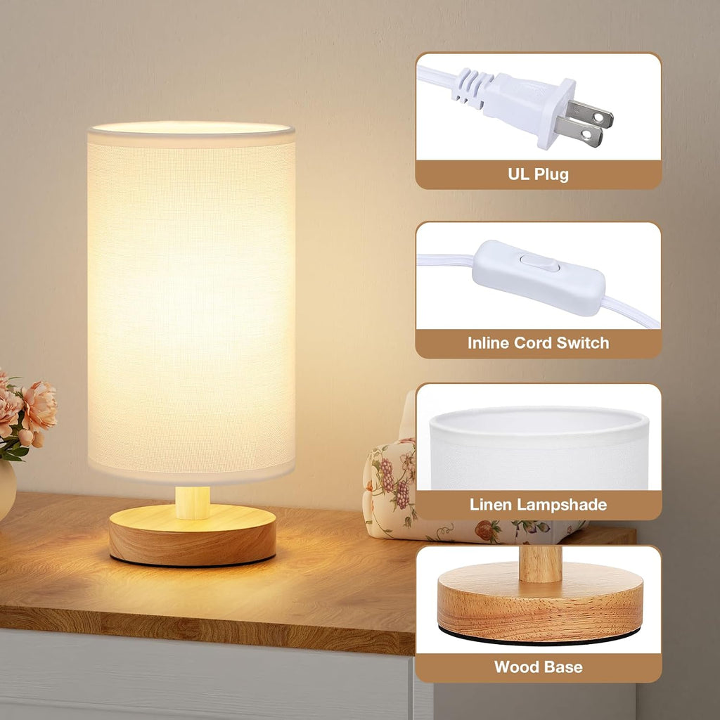 Fenmzee Small Table Lamp for Bedroom - Inline Control, Bedside Lamp with 3000K A15 LED Blub, Easy Assembly (White Shade - Wood Base, 9"…