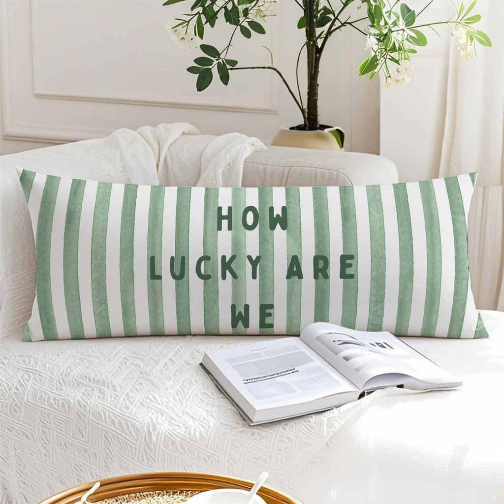How Lucky are We Sage Green 20x54 Body Pillow Cover, Preppy Room Decor Aesthetic, Trendy Sage Green Stripes Minimalist Decorative Long…