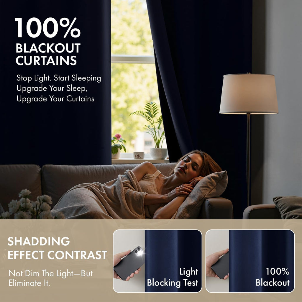 Miulee Navy Blue 100% Blackout Curtains for Bedroom 72 Inch Long, 2 Thick Layers Thermal Insulated Black Out Window Curtains with Black Lin…