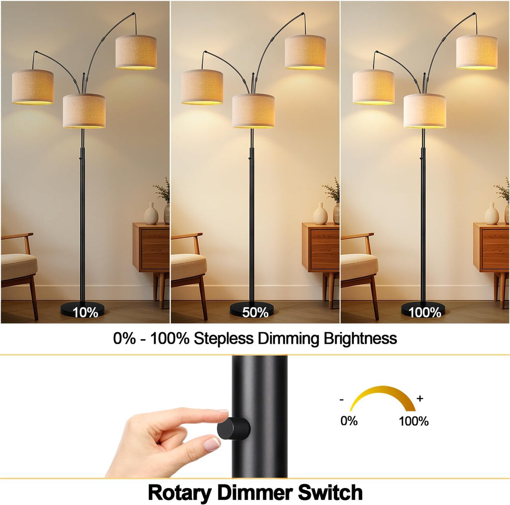 Dimmable 3 Lights Floor Lamp - 3000LM Super Bright Arc Floor Lamps for Living Room, Modern Tall Standing Lamp With Beige Shades, Mid…