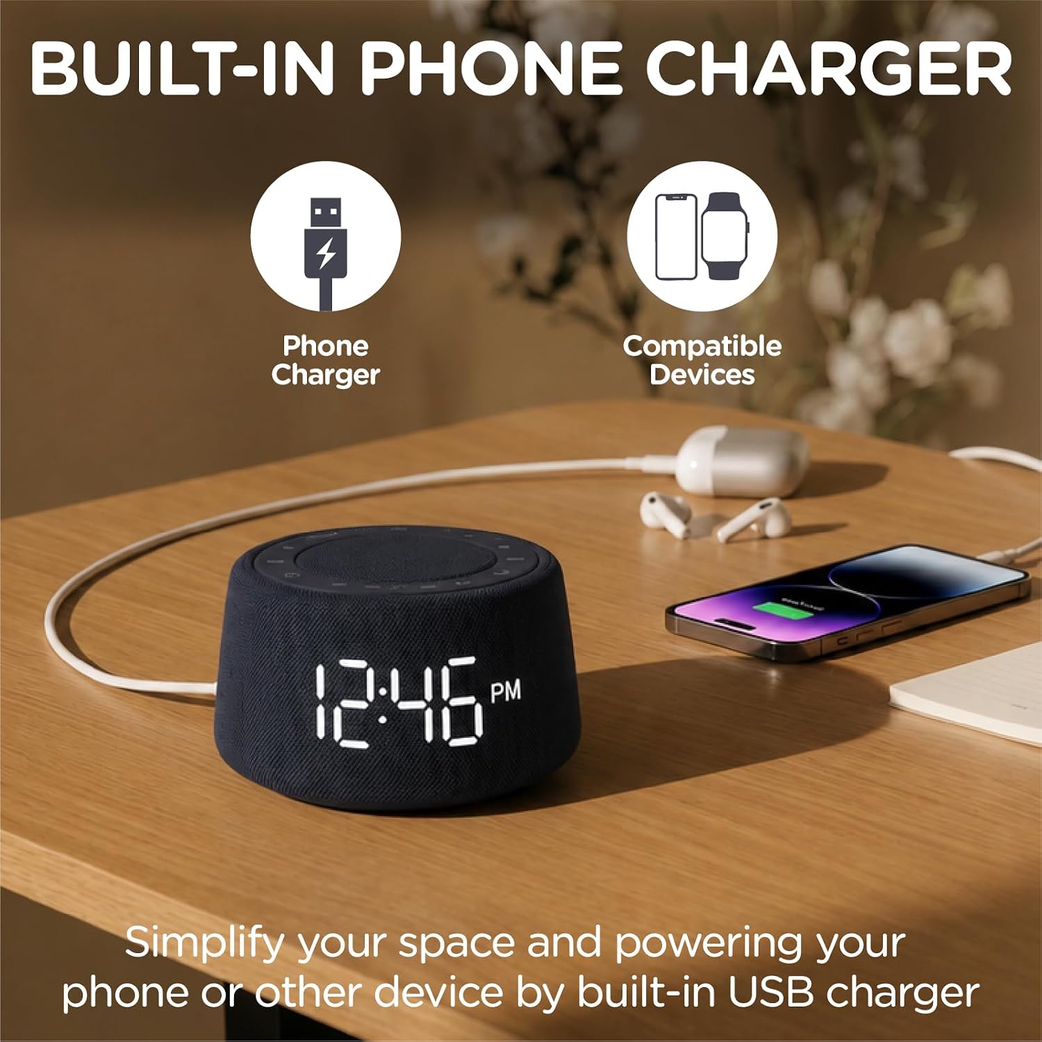 White Noise Sound Machine Alarm Clock with Bluetooth Speaker,18 Soothing Sounds, Ambient Light Ring, Adjustable Alarm Volume, USB…