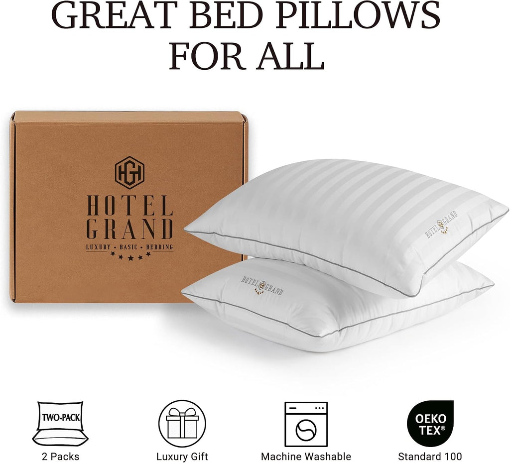 Hotel Grand Softy-Around Feather Down Pillows Queen Size Set of 6 Packs White Strip 100% Cotton Fabric Bed Pillows for All Position…