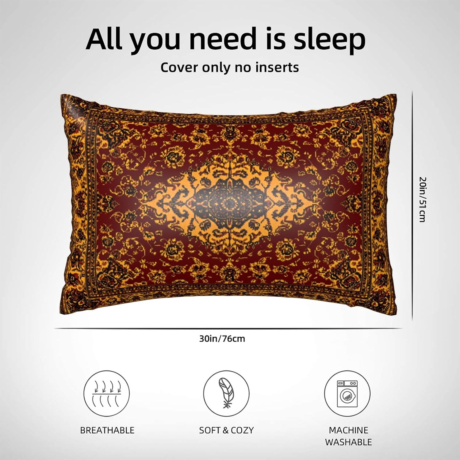 Imitation Silk Pillowcase for Hair and Skin Boho Retro Dark Red Golden Carpet 1 Pack Satin Queen Pillowcase with Hidden Zipper Cooling…