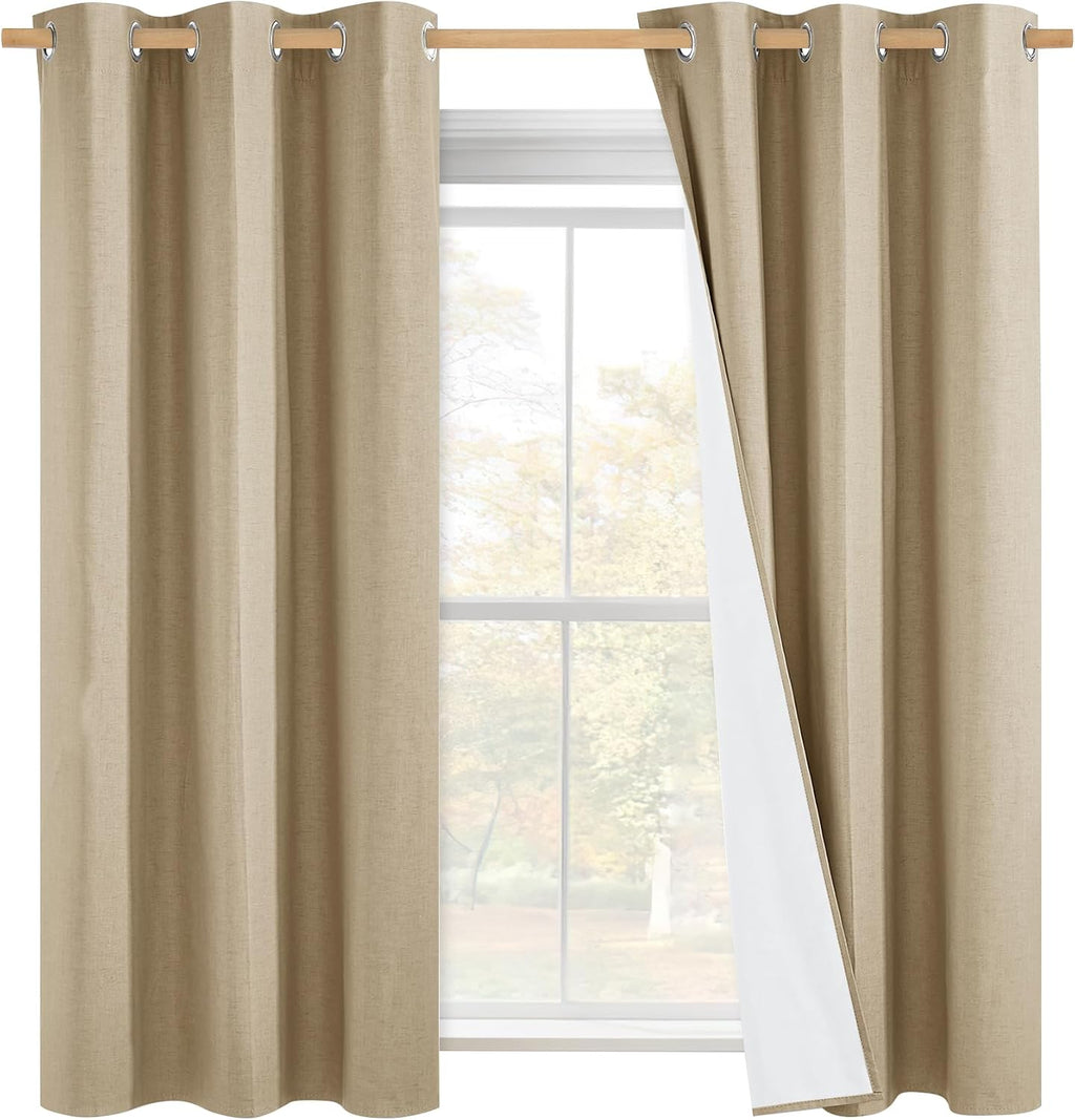 NICETOWN 100% Absolutely Blackout Linen Curtains with Thermal Insulated White Liner, Camel, 42" Wide by 45" Long, 2 Pieces, Linen Blend…