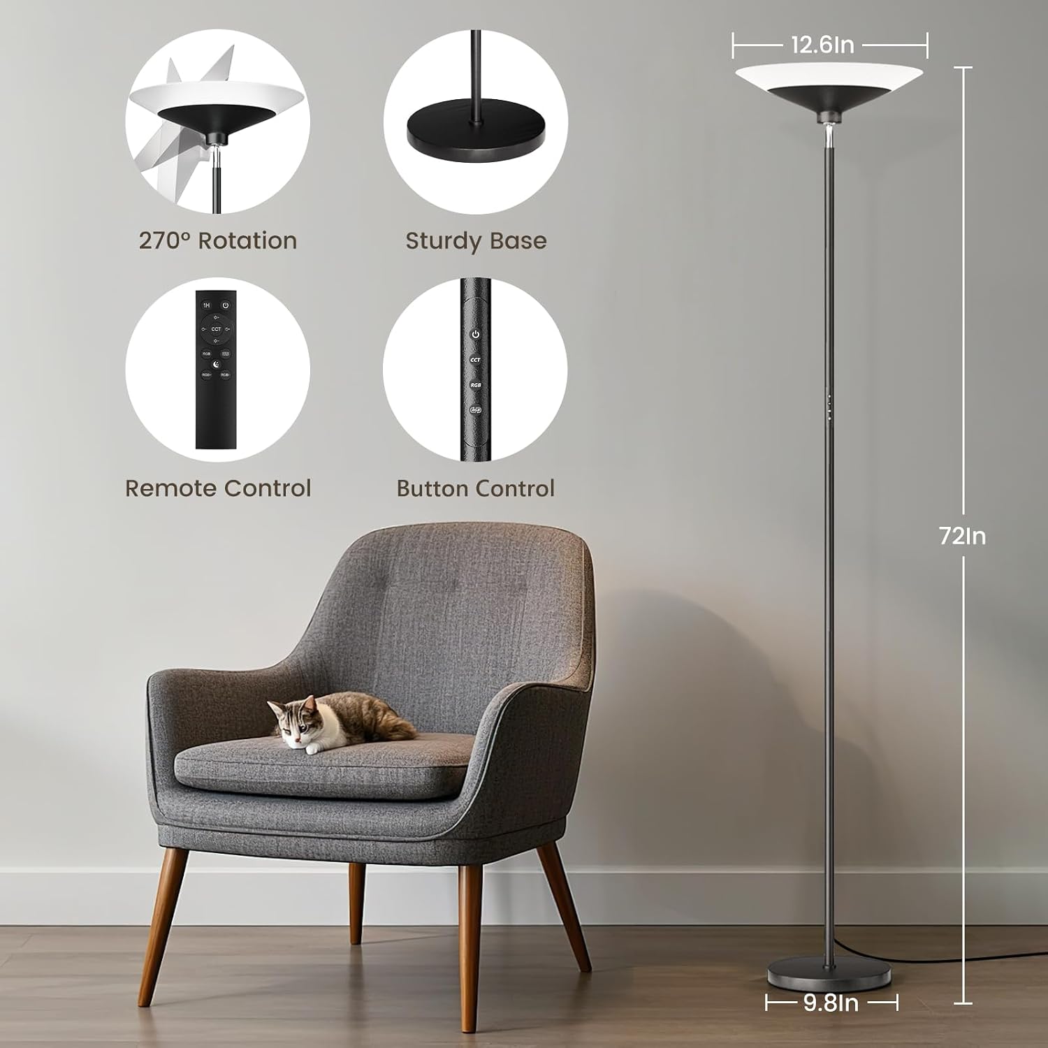 SIBRILLE RGB Torchiere Floor Lamp - 30W Dimmable LED Standing Lamp with Remote, Multi Color Changing, 72in Tall Corner Light, Bright…