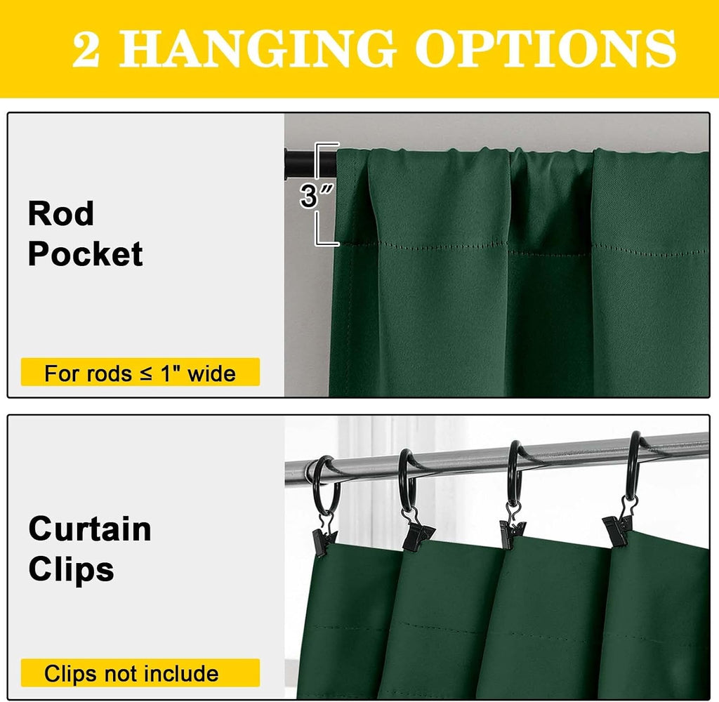 WelvetBLK Ever Green Room Darkening Curtains for Bedroom Living Room 45 Inch Length 2 Panels Set, Soft Solid Thermal Insulated Rod Pocket S…