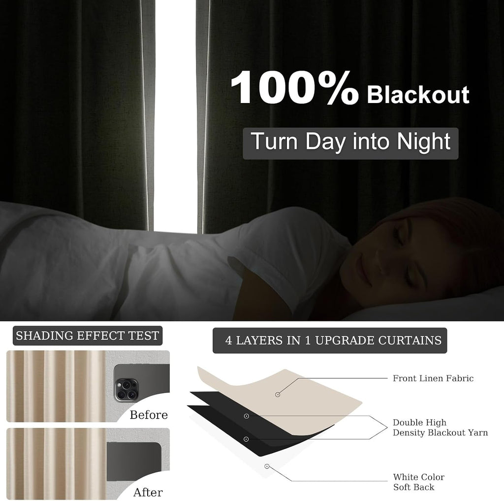 Topfinel Extra Long 132 Inch 100% Blackout Curtains for Livingroom Neutral Boho Linen Blend Farmhouse Curtain Drapes Sound Proof Drapes Pri…