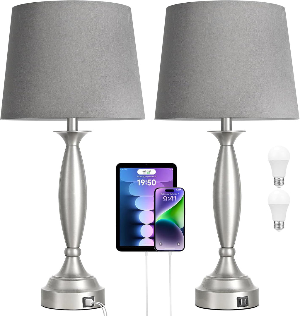 Seealle 25.5" Touch Bedside Lamps for Nightstand Set of 2 - Bedroom Lamps with USB C+A, 3 Way Dimmable Nightstand Lamps, Brushed Nickel…