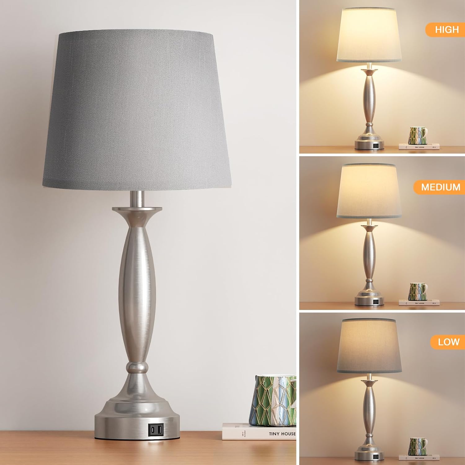 Seealle 25.5" Touch Bedside Lamps for Nightstand Set of 2 - Bedroom Lamps with USB C+A, 3 Way Dimmable Nightstand Lamps, Brushed Nickel…
