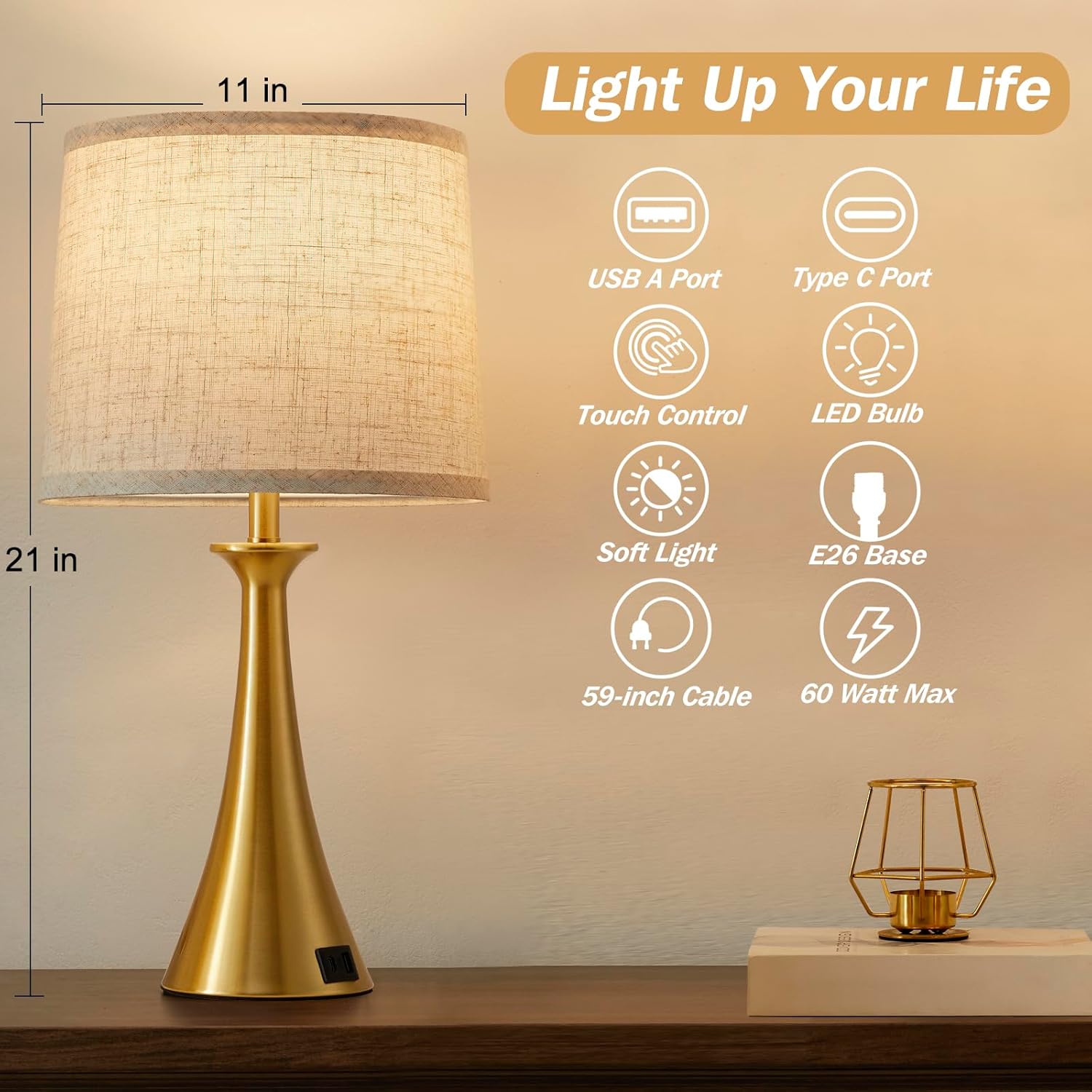 Touch Lamp for Living Room Bedroom, 21" Table Lamps Set of 2 with USB C+A Ports, Touch Bedside Lamps for Nightstand with 3 Way Dimmable…