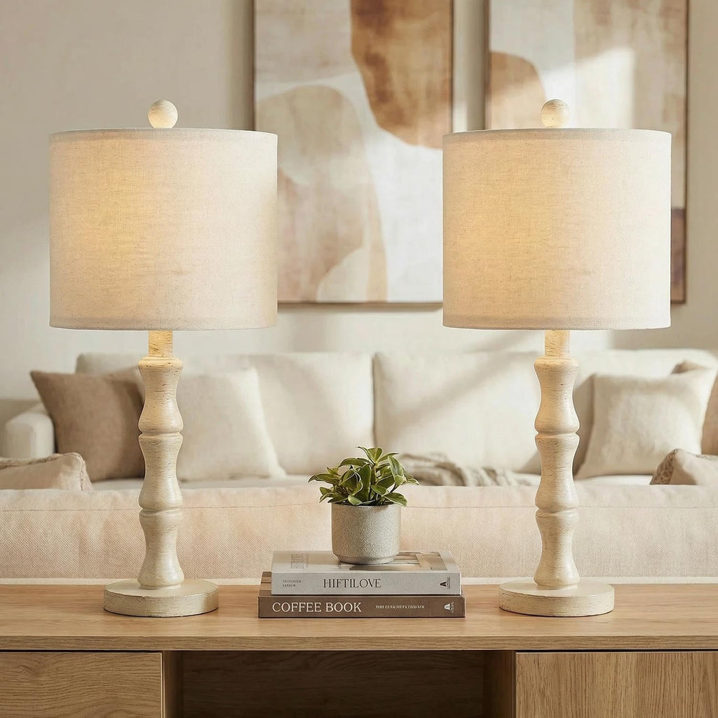 BOBOMOMO 20.5" Farmhouse Bedside Lamps Set of 2, Vintage Nightstand Lamps with Antique White Resin Base & Linen Shade, Small Table Lamps…