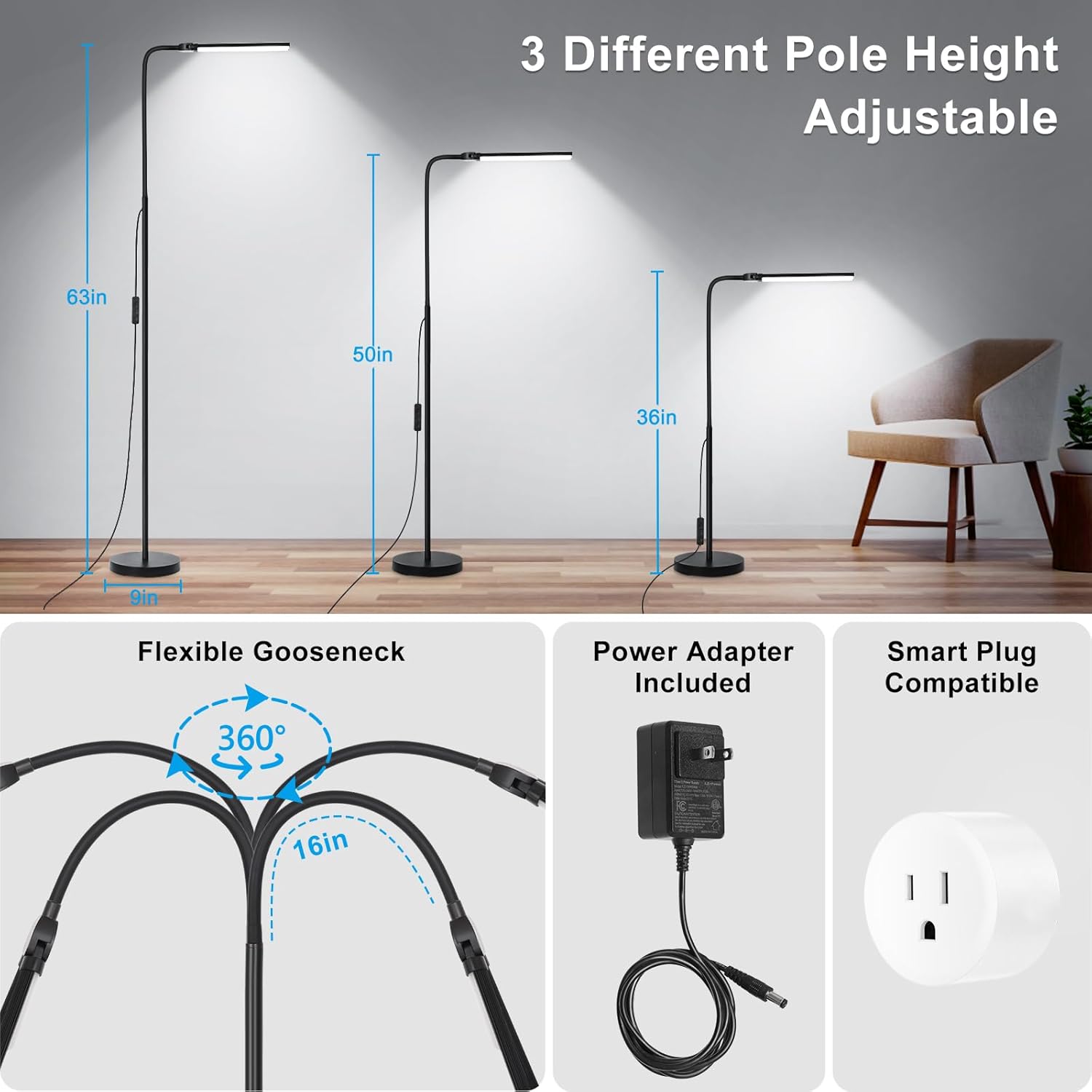 LED Floor Lamp, 18W/2000LM Bright Reading Floor Lamp for Office with Double Head, Adjustable Gooseneck Dimmable Modern Standing Light for…