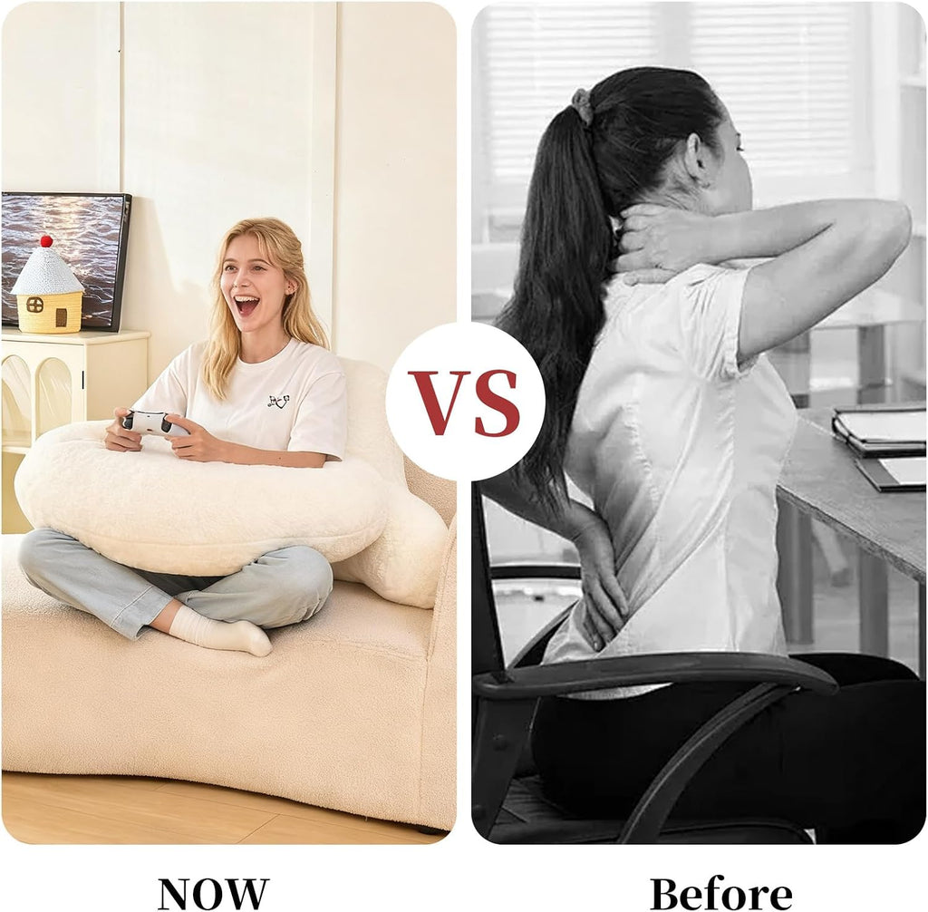 19" Faux Fur Reading Pillow for Bed, U Shaped Support Cushion with Lumbar & Arms, Luxurious Soft Backrest for Gaming, Lounging, Watching…