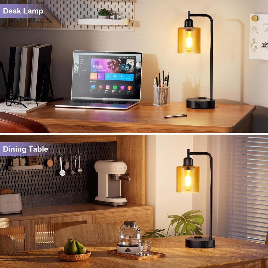 Industrial Touch Nightstand Lamps for Bedrooms Set of 2 - 3-Way Dimmable Table Lamps with USB C+A Ports and Outlet, Bedside Lamps with…