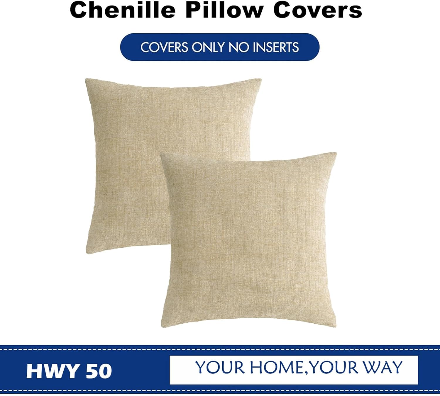 Hwy50 HWY 50 Beige Couch Pillow Covers 22x22 Inch Pack of 2, Soft Chenille Decorative Throw Pillow Cases Farmhouse for Sofa Living Room Bed…