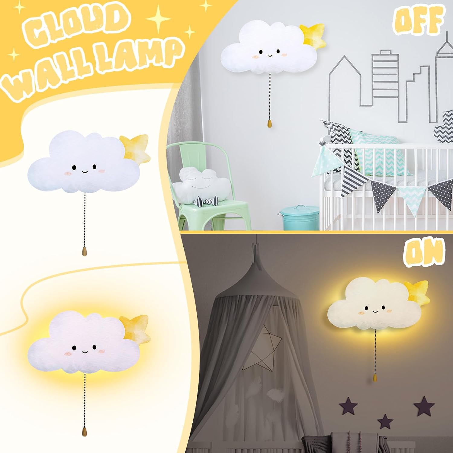 Aurelema Cloud Night Light Wall Lamp Sleeping Nursery Lighting Cute Floating Battery Operated Hanging Lamp for Baby Boys Girls Bedroom…