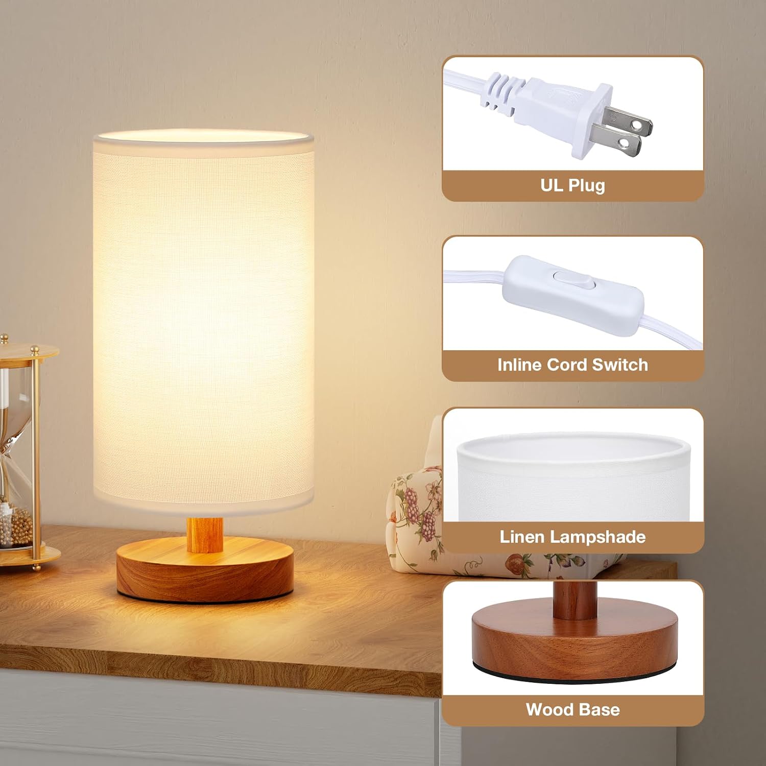 Fenmzee Small Table Lamp for Bedroom - Inline Control, Bedside Lamp with 3000K A15 LED Blub, Easy Assembly (White Shade - Walnut Base, 9"…