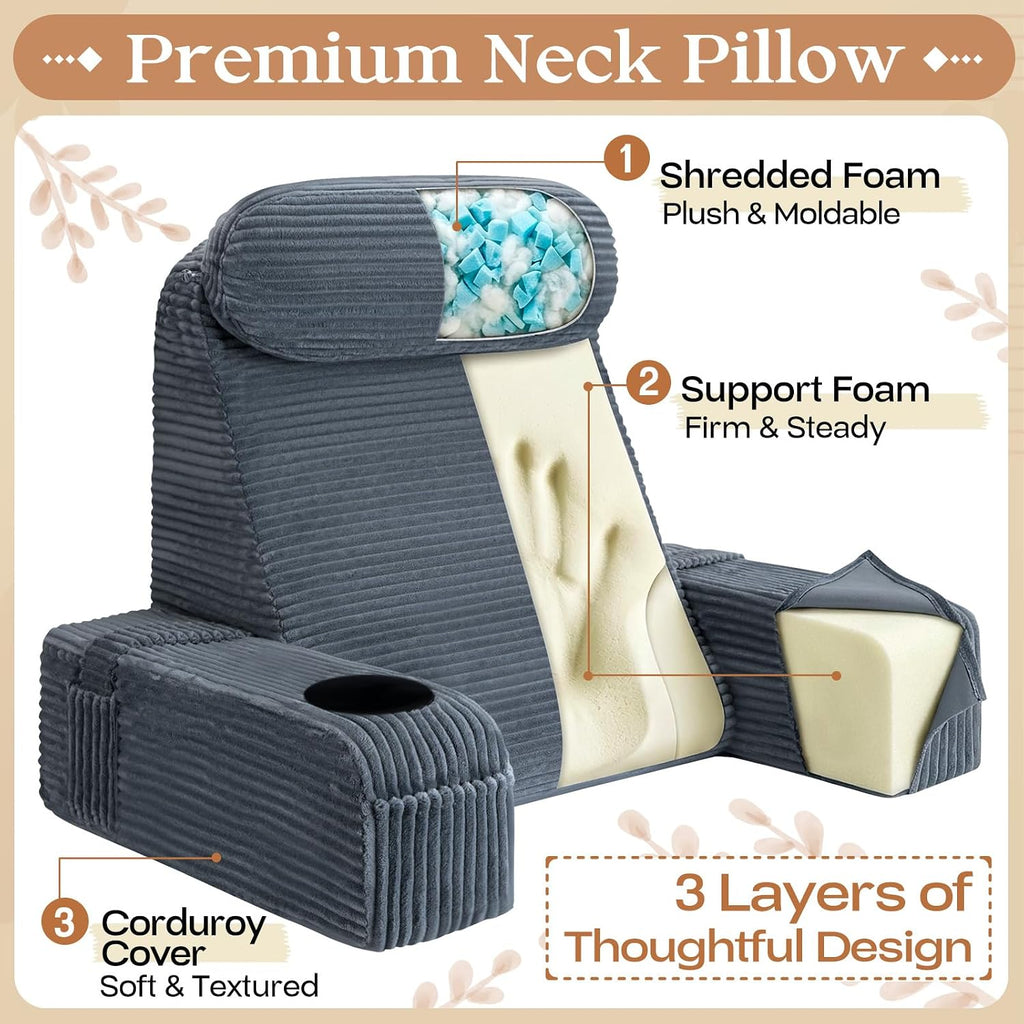 Reading Pillow/Backrest Pillow with Arms, Cup Holder & Phone Pocket - Bed Rest Pillow with Adjustable Headrest, Corduroy Fabric for Back…