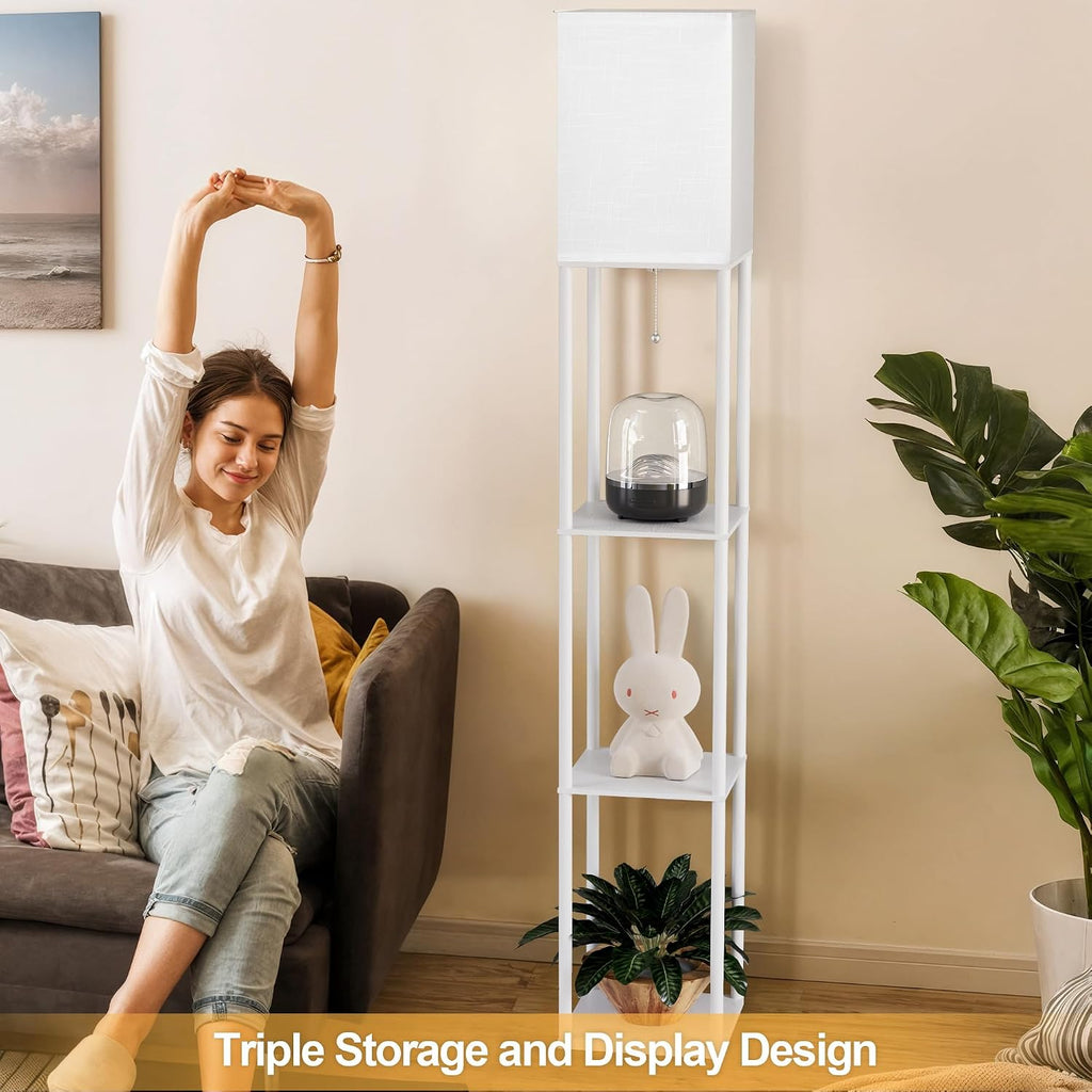 Floor Lamp with Shelves for Living Room White, Shelf Floor Lamp with 3 CCT LED Bulb, Corner Display Standing Column Lamp Etagere…