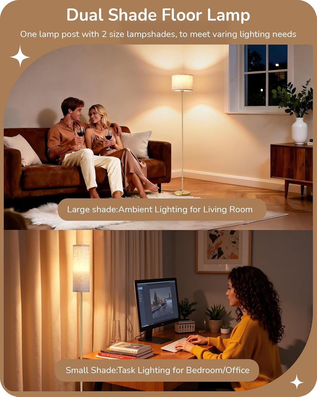 EDISHINE Modern Floor Lamp with 2 Shades, Adjustable Brightness & Color Temperature, Remote Control, Minimalist Standing Lamp, E26, A19…