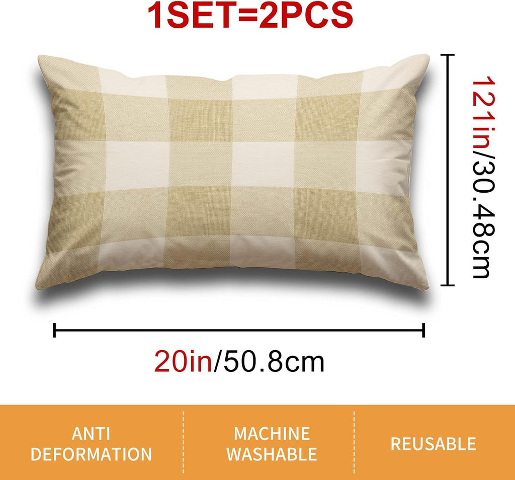 HOMETITUTE Plaid Pillow Covers Decorative Pack of 2 Satin 12x20 Inch Neutral Beige Buffalo Plaid Art Lumbar Throw Pillow Cases for Sofa…
