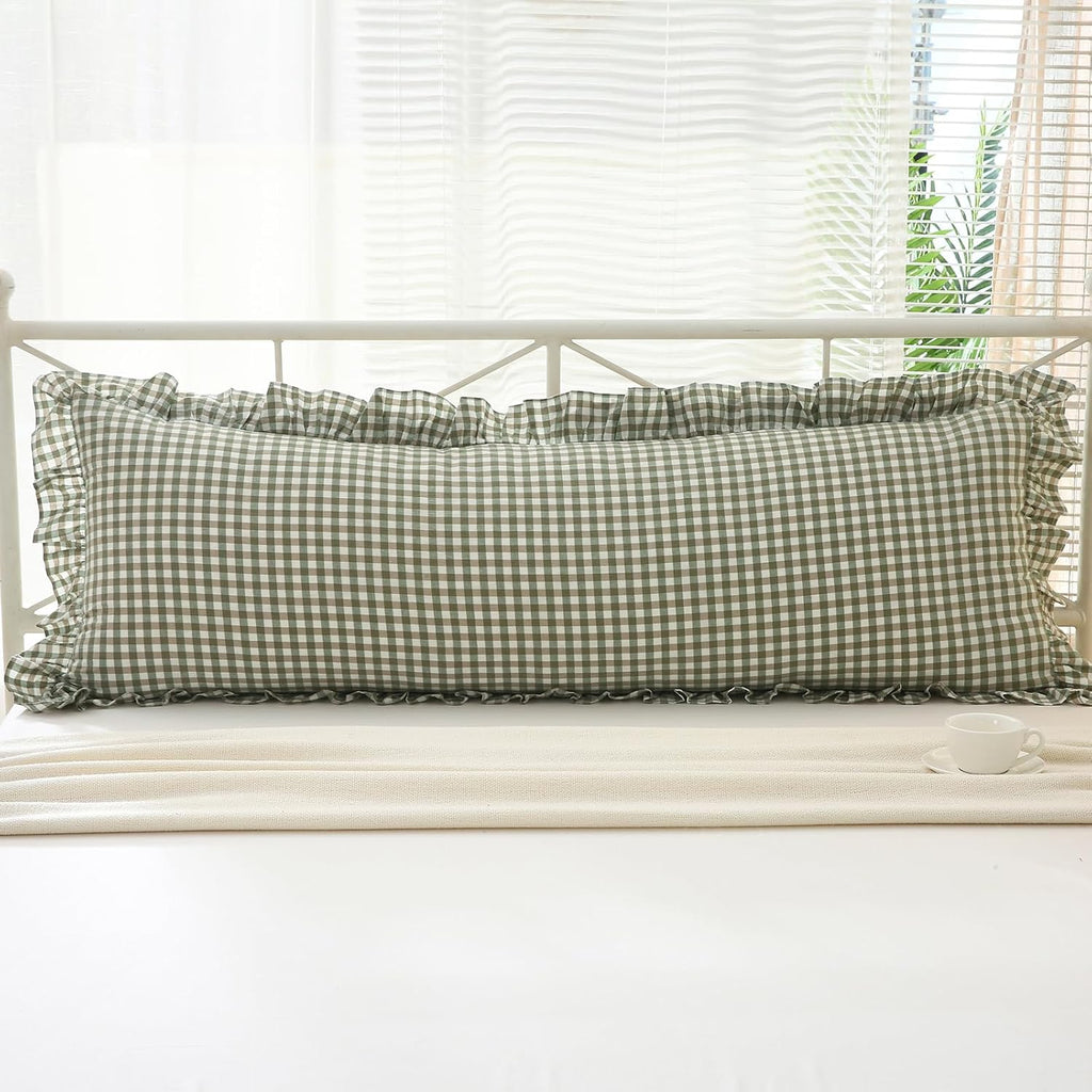 Kmasaniji Sage Green White Plaid Gingham Body Pillow Cover with Ruffles, 100% Washed Cotton Rustic French Country Vintage Pillow Shams for…