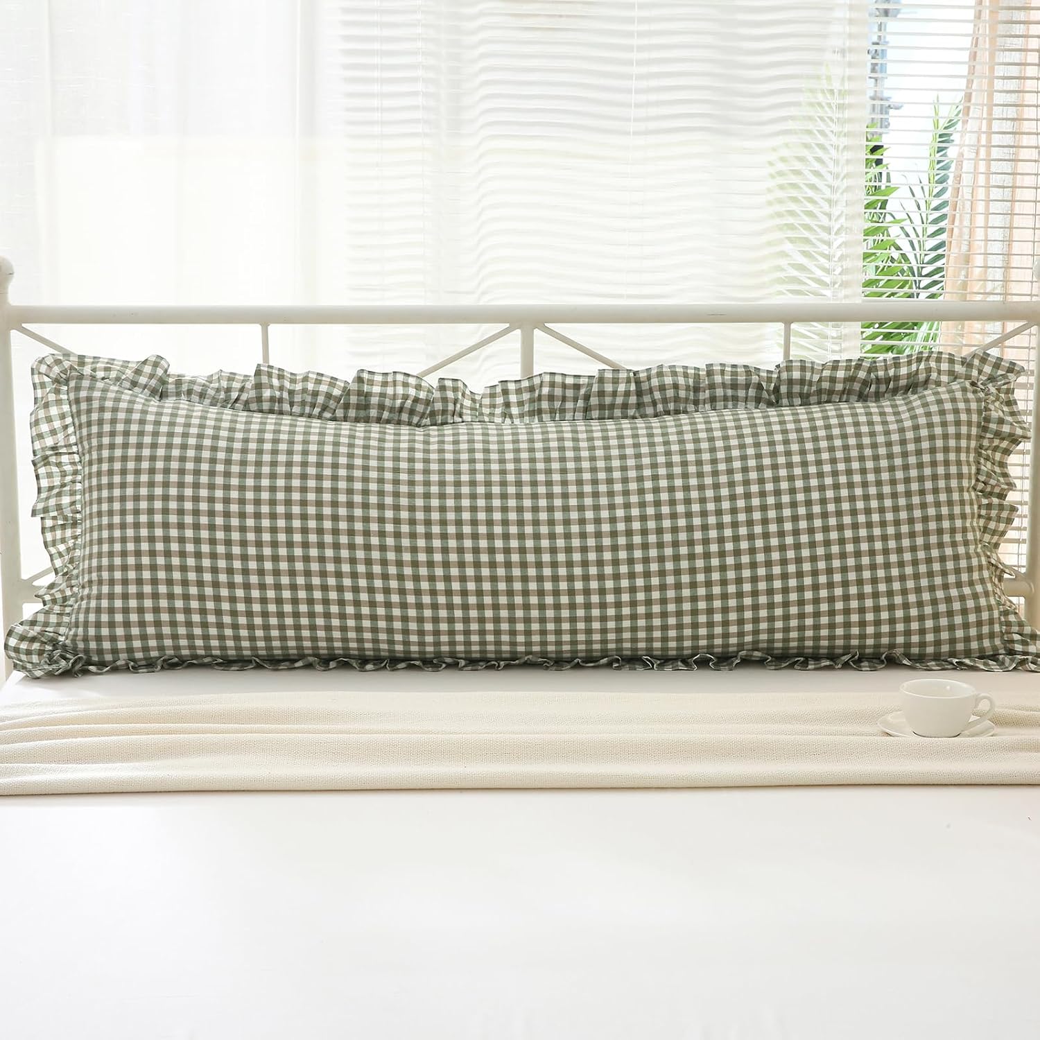 Kmasaniji Sage Green White Plaid Gingham Body Pillow Cover with Ruffles, 100% Washed Cotton Rustic French Country Vintage Pillow Shams for…