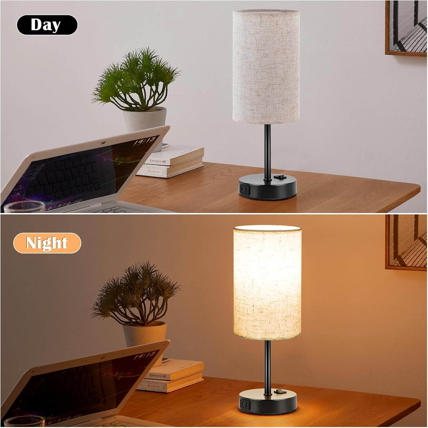 ZJOJO Table Lamp for Bedroom Set of 2, Bedside Small Lamps with 3 Way Dimmable Rocker Switch and AC Outlet, Nightstand Desk Lamp with…