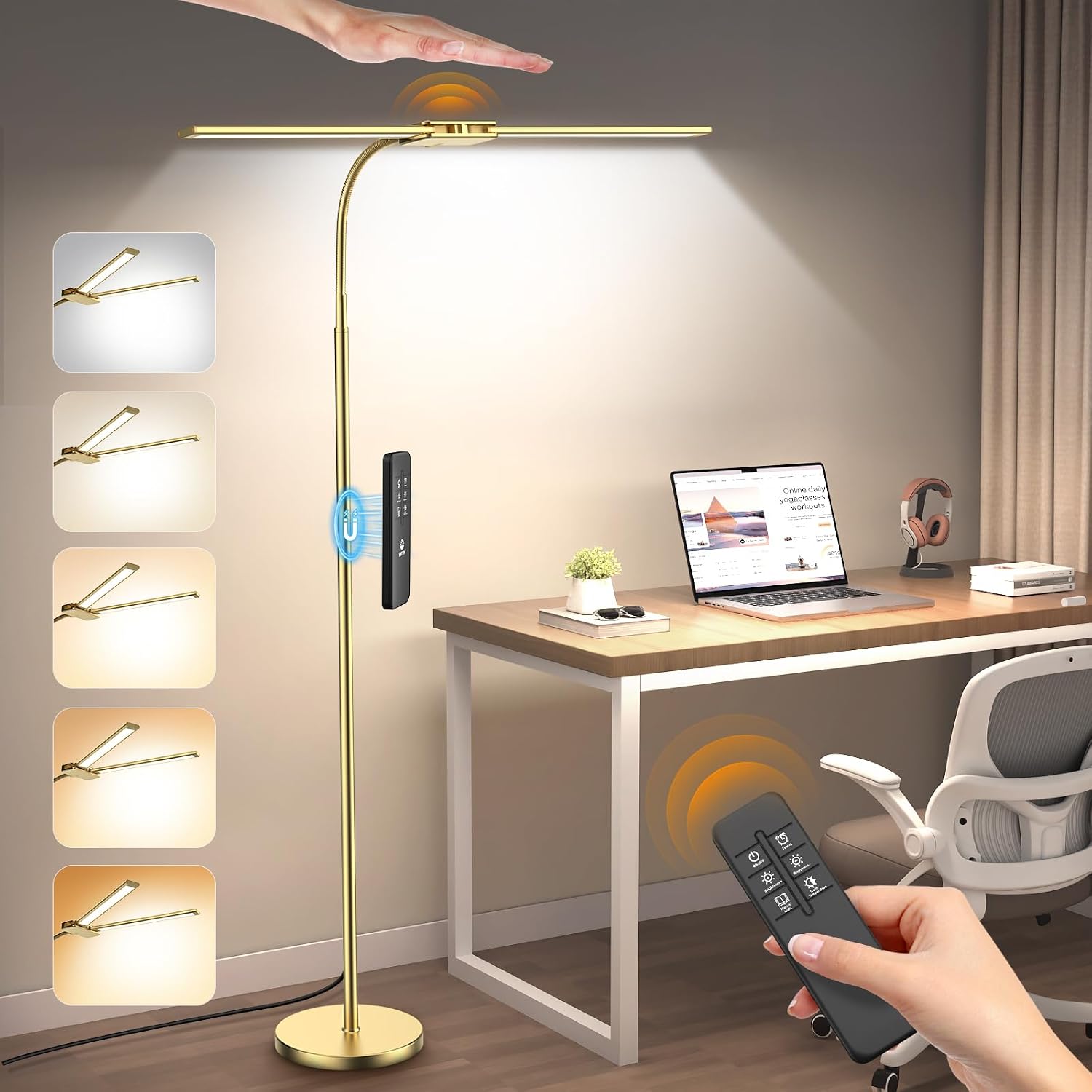 Syrinx LED Floor Lamp, 18W 2000LM Bright Reading Floor Lamp for Office, Gesture & Remote Control, Dual Head Gooseneck Standing Lamp…