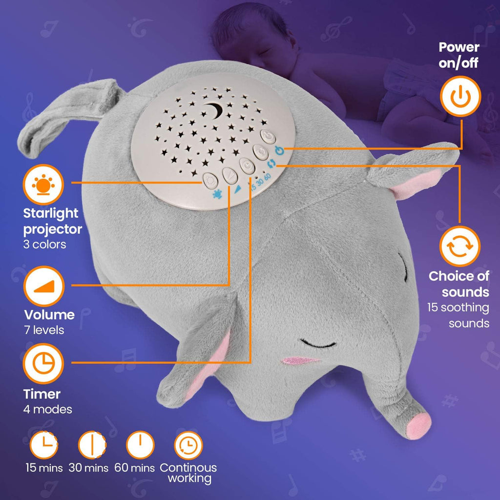 Berest Baby Elephant Soother Toy with Starry Night Light Projector, Shushing Heartbeat Plush Stuffed Animal with Lullaby Music & White Nois…