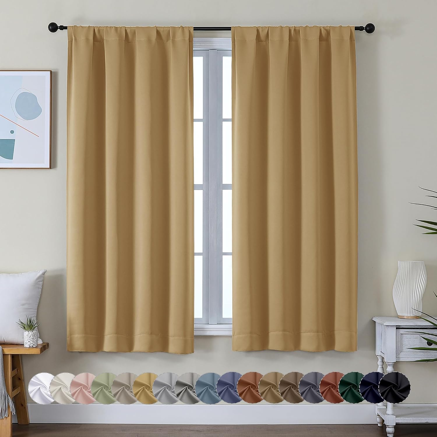 Simplebrand Ava Gold Blackout Curtains for Bedroom 63 Inch Length 2 Panels Set, Solid Thermal Insulated Energy Saving Rod Pocket Window Tre…