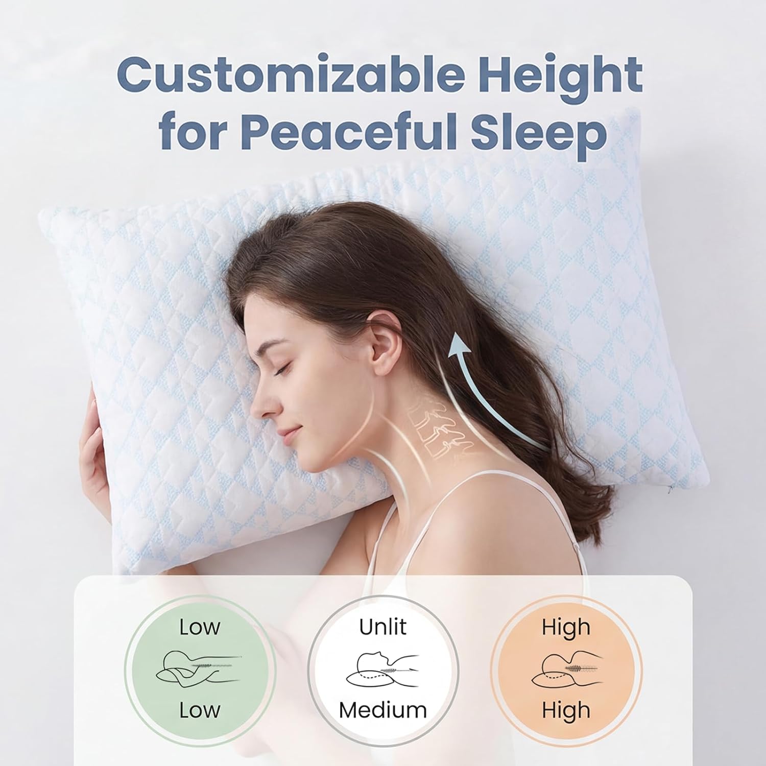 Meoflaw Adjustable Memory Foam Bed Pillows:Queen Size Shredded Foam Pillow Set of 2 for Sleeping with Removable & Washable Pillowcase for B…