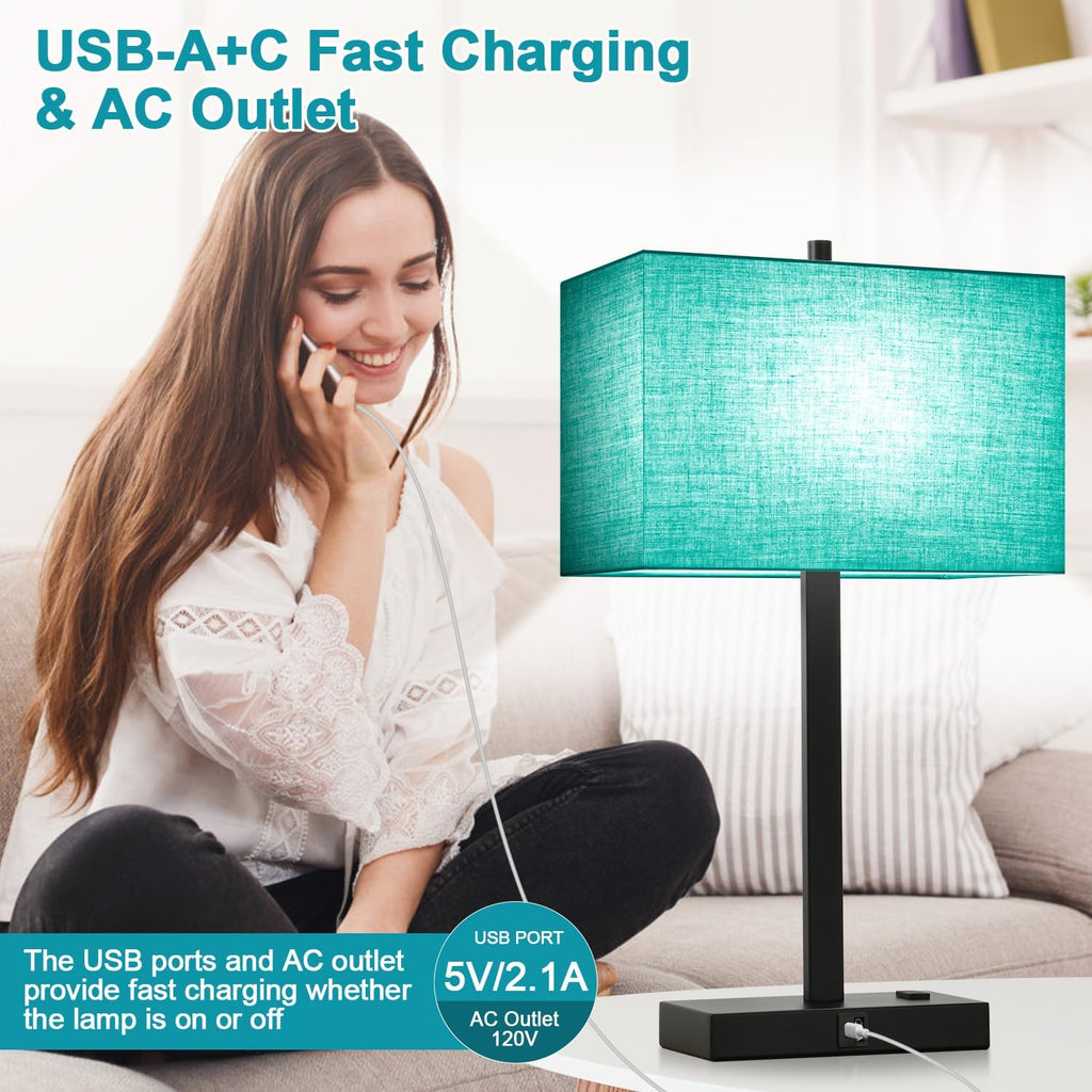 Lynnoland 21" Set of 2 Table lamp with USB A+C & AC Outlets, Touch Control 3-Way Dimmable Nightstand Lamps for Bedroom Living Room Office…