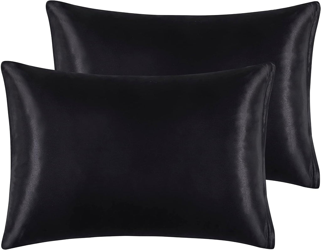 HommxJF Satin Pillowcases with Zipper (20x26), Standard Size Pillowcases Set of 2, Black Silk Pillowcase for Hair and Skin Black