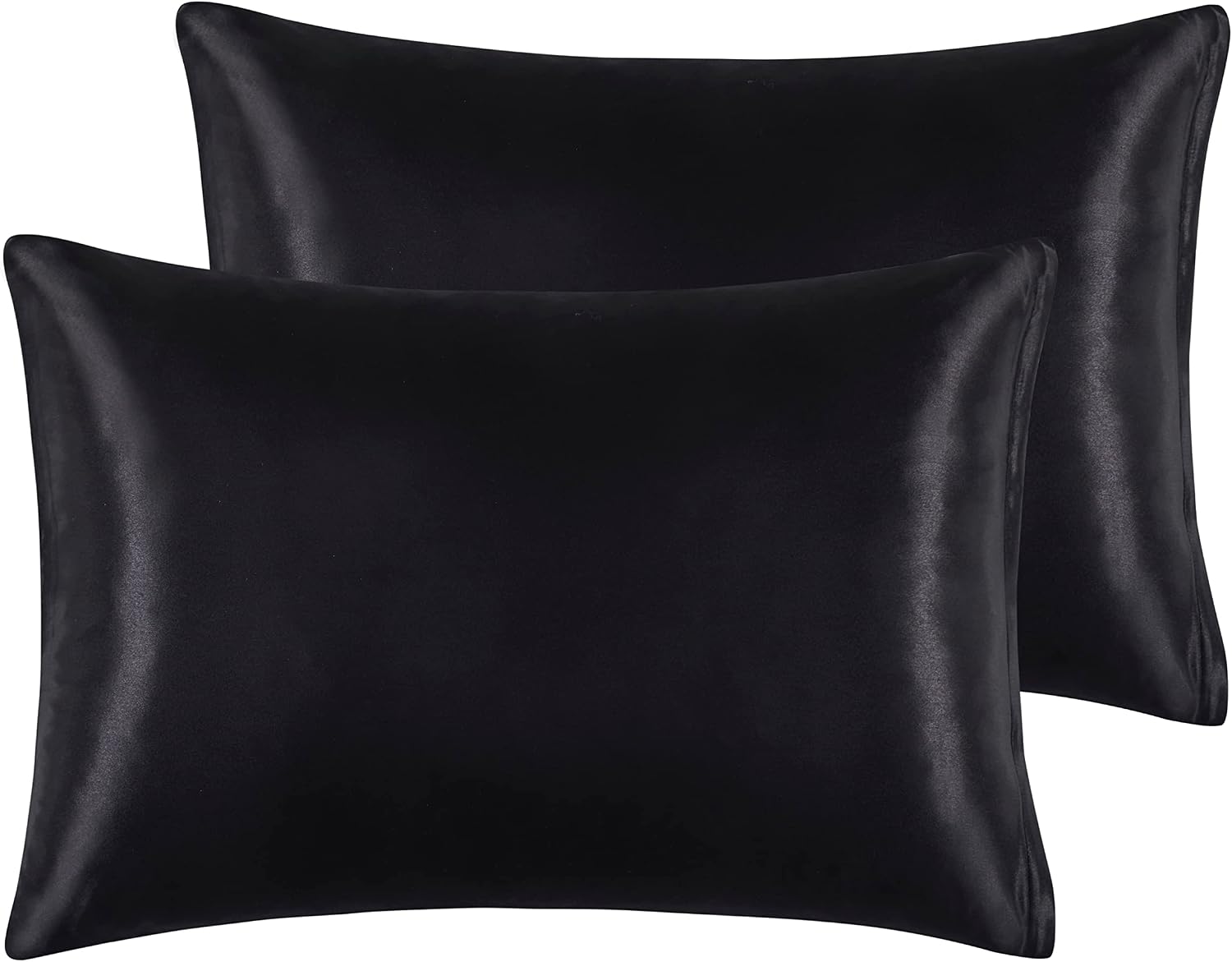 HommxJF Satin Pillowcases with Zipper (20x26), Standard Size Pillowcases Set of 2, Black Silk Pillowcase for Hair and Skin Black
