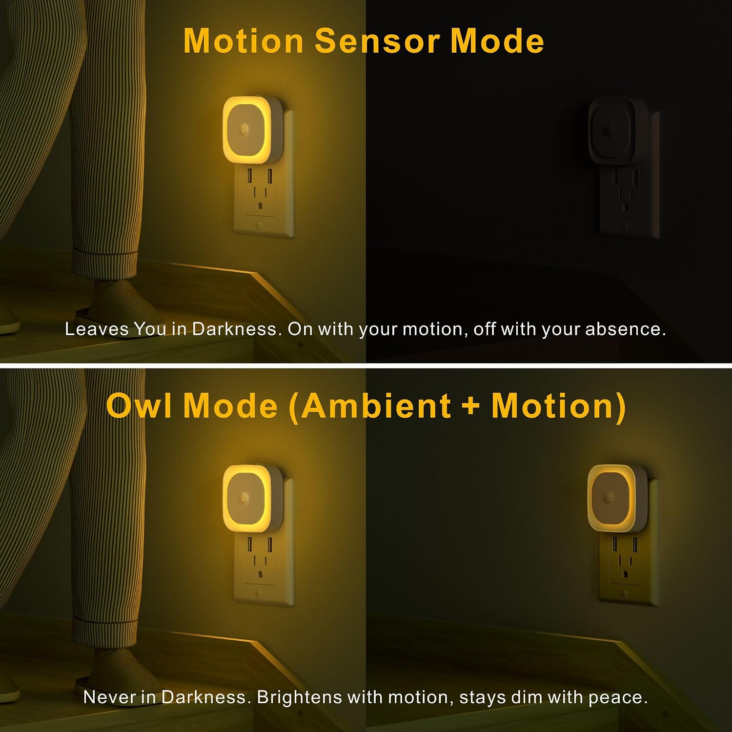 Yunlex 2 Pack Plug in Night Light with Motion Sensor & Dusk to Dawn Sensor, 3 Sensor Modes, Auto ON/Off, Dimmable, Soft Glow for Living Roo…