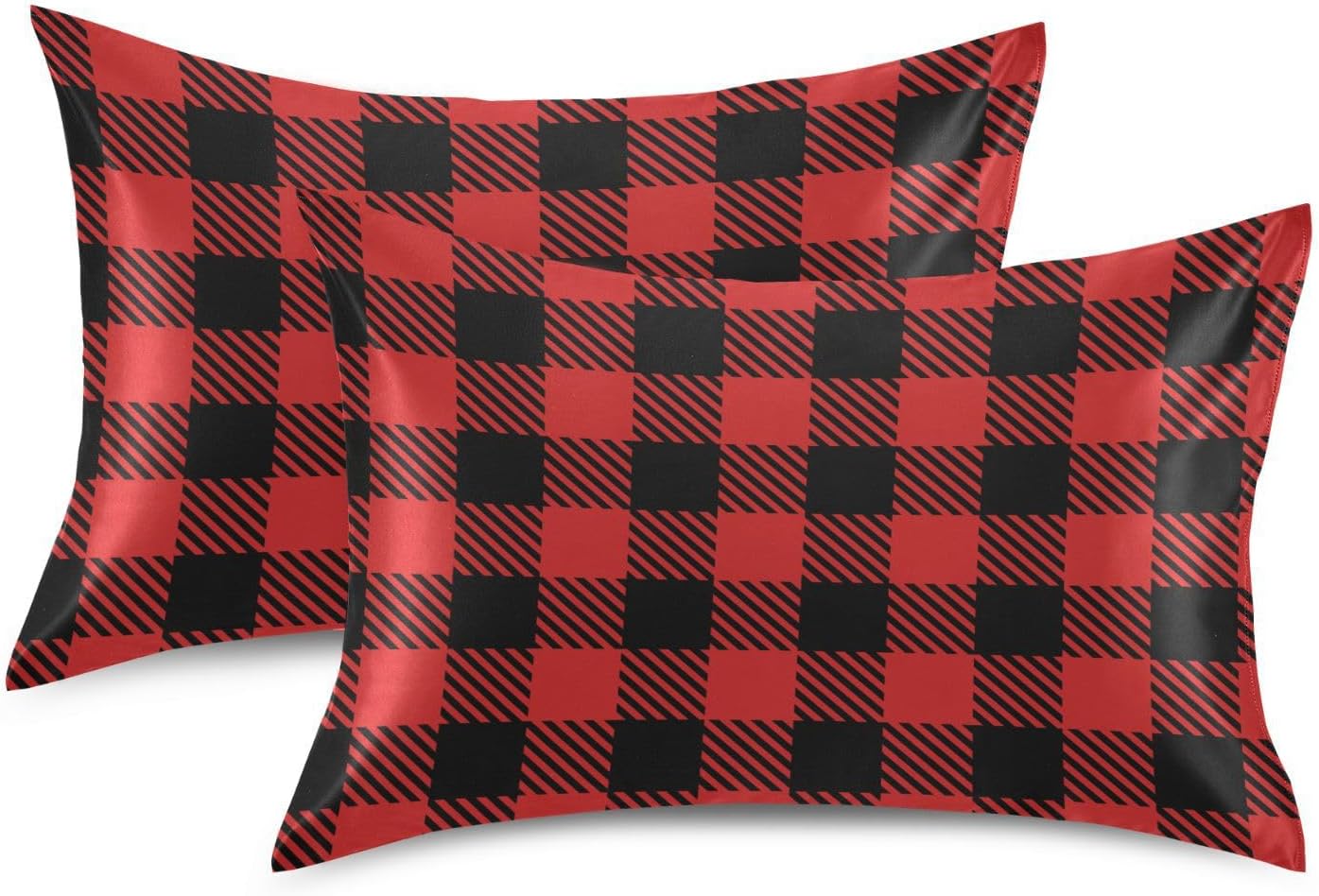 Plaid Red Print Pillow Covers Silk Pillowcase for Hair and Skin Soft Breathable Cooling Satin Pillowcase Standard Size Pillow Case for…