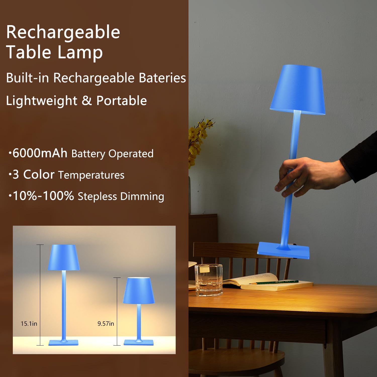 Yogaret Blue Cordless Table Lamp Set of 2, Indoor/Outdoor Table Lamp for Restaurant Home Dinner Patio Pinic