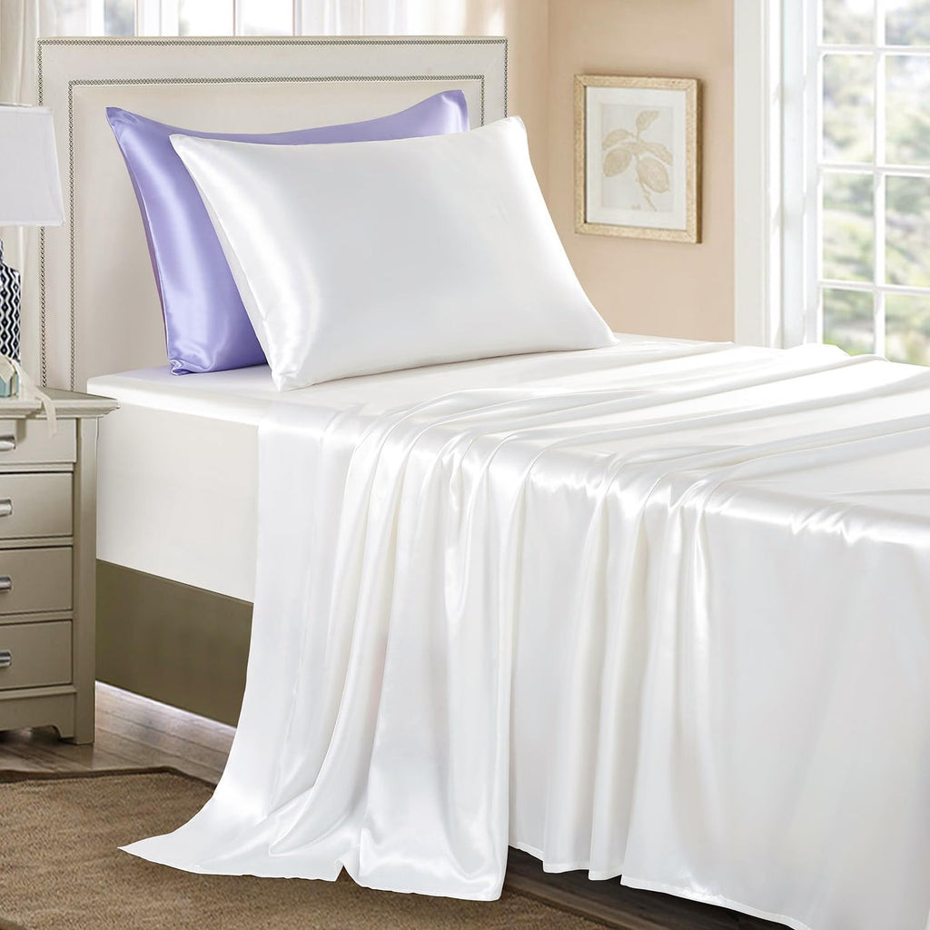 Golal Satin Sheets Twin Size - 3 Pieces Luxury Silky Soft Bed Sheets for Kids, Wrinkle-Free White Satin Silk Sheet Set with 1 Deep Pocket F…