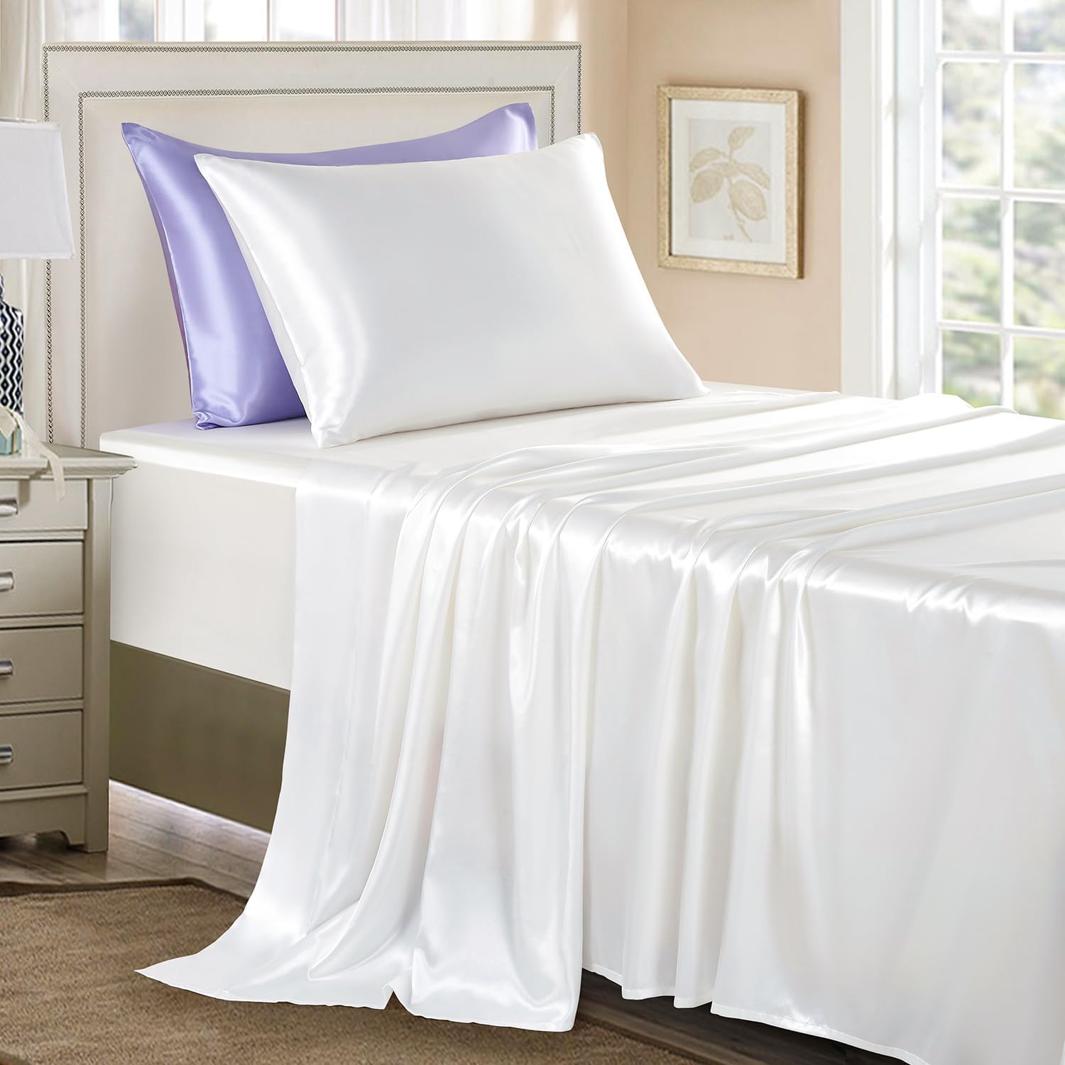 Golal Satin Sheets Twin Size - 3 Pieces Luxury Silky Soft Bed Sheets for Kids, Wrinkle-Free White Satin Silk Sheet Set with 1 Deep Pocket F…