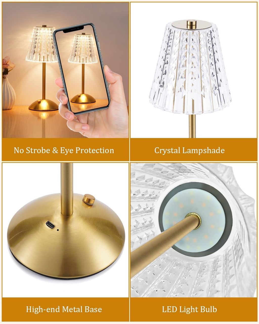 Nusogon 2 Pack Cordless Crystal Table Lamps, Premium Rechargeable Touch Lamps with 3 Color Dimmable Lighting for Bedroom, Nightstand…