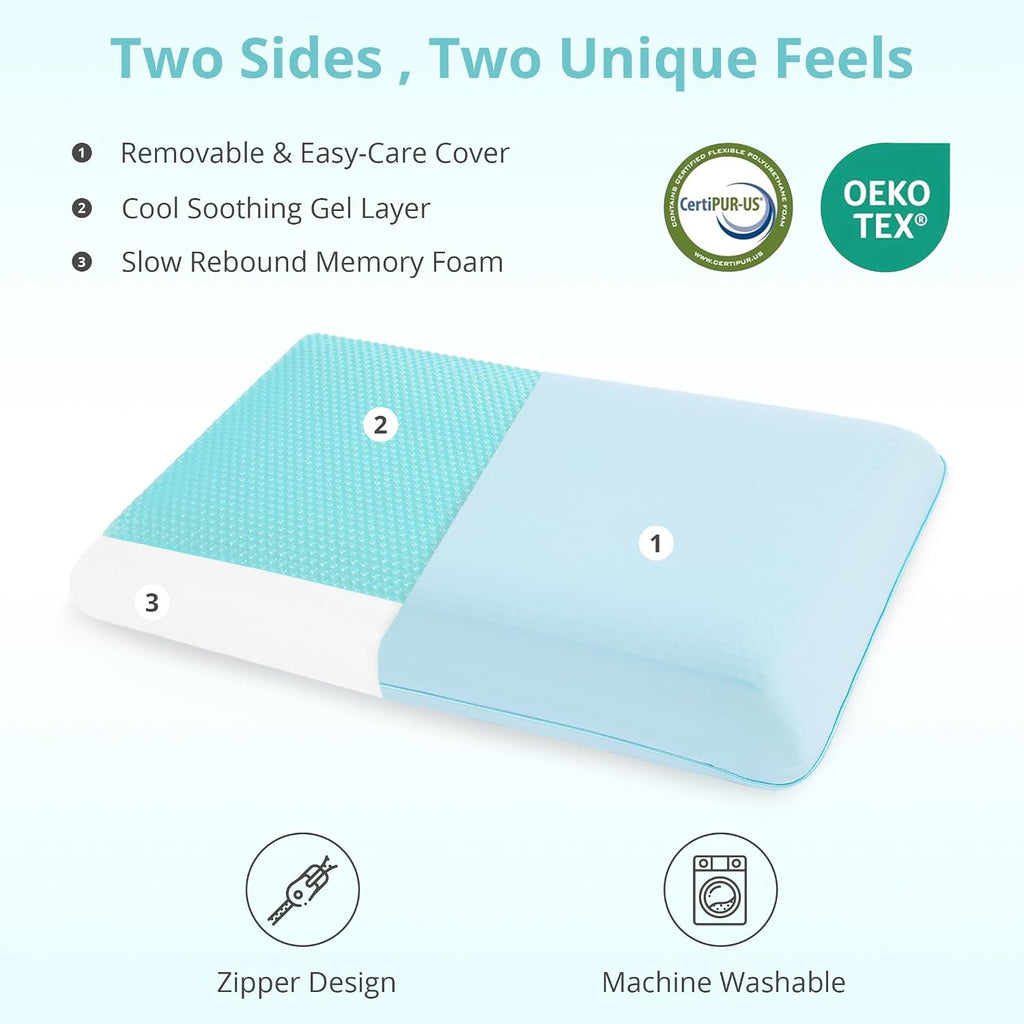 Gelsea Cooling Gel Memory Foam Pillow - Reversible Design, Neck Support for Side, Back, Stomach Sleepers, Standard Size, Removable & Machin…