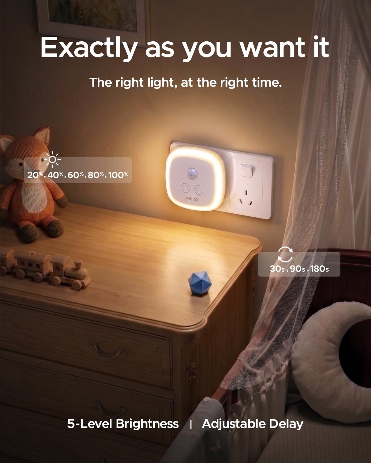 YELKO Motion Sensor Night Light, 5-Level Dimmable with Dusk to Dawn Sensor, Plug in Warm White Anti-Glare LED, Cozy Soft Glow, Adjustable…