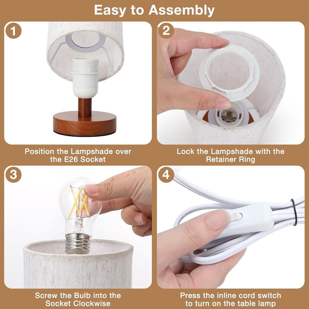 Fenmzee Small Table Lamp for Bedroom - Inline Control, Bedside Lamp with 3000K A15 LED Blub, Easy Assembly (Cream Shade - Walnut Base, 9"…