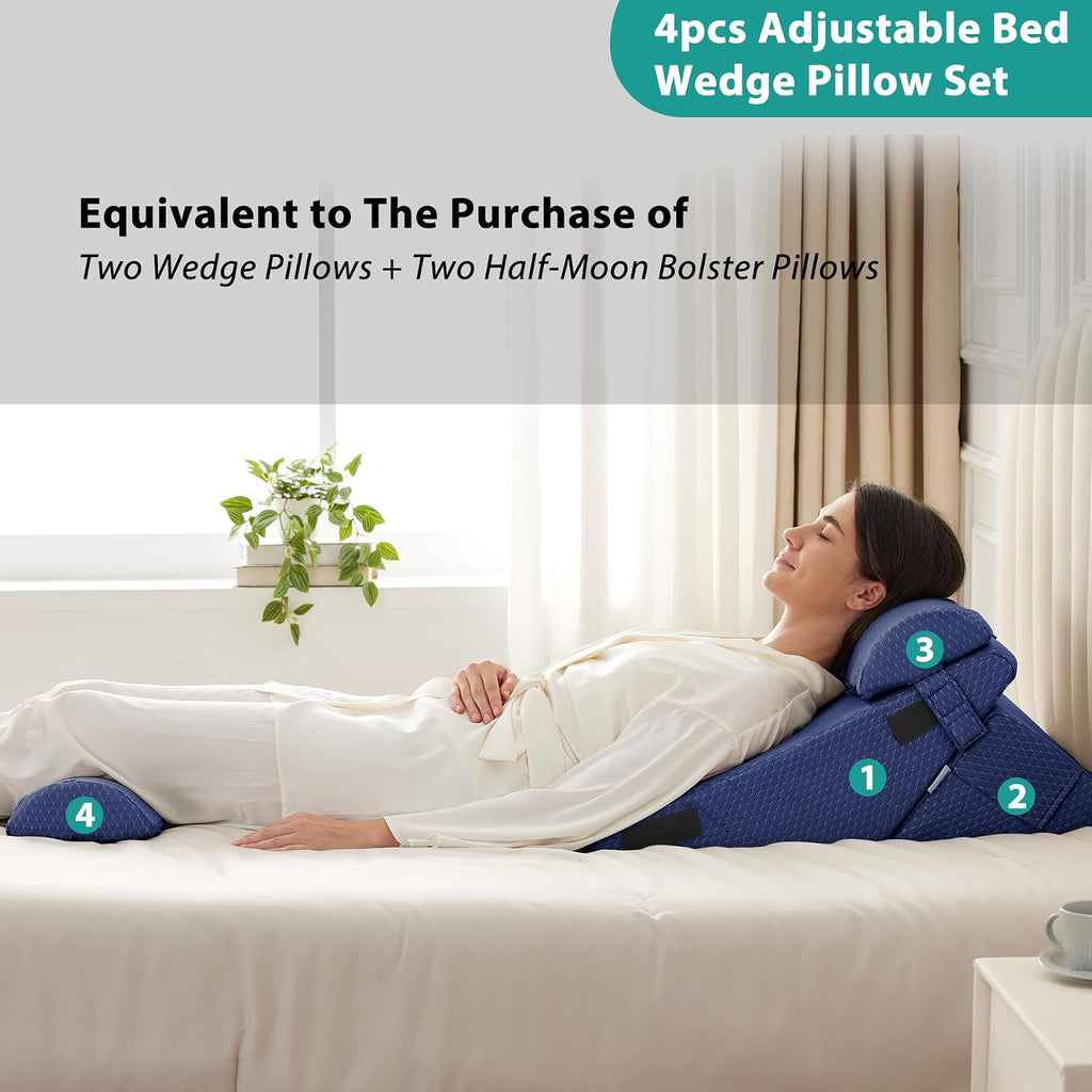 Bedluxe Adjustable 4pcs Bed Wedge Pillow Set, Memory Foam Wedges Pillow Post Surgery for Back, Neck, Leg, Pillows Wedge for Sleeping, Sitt…