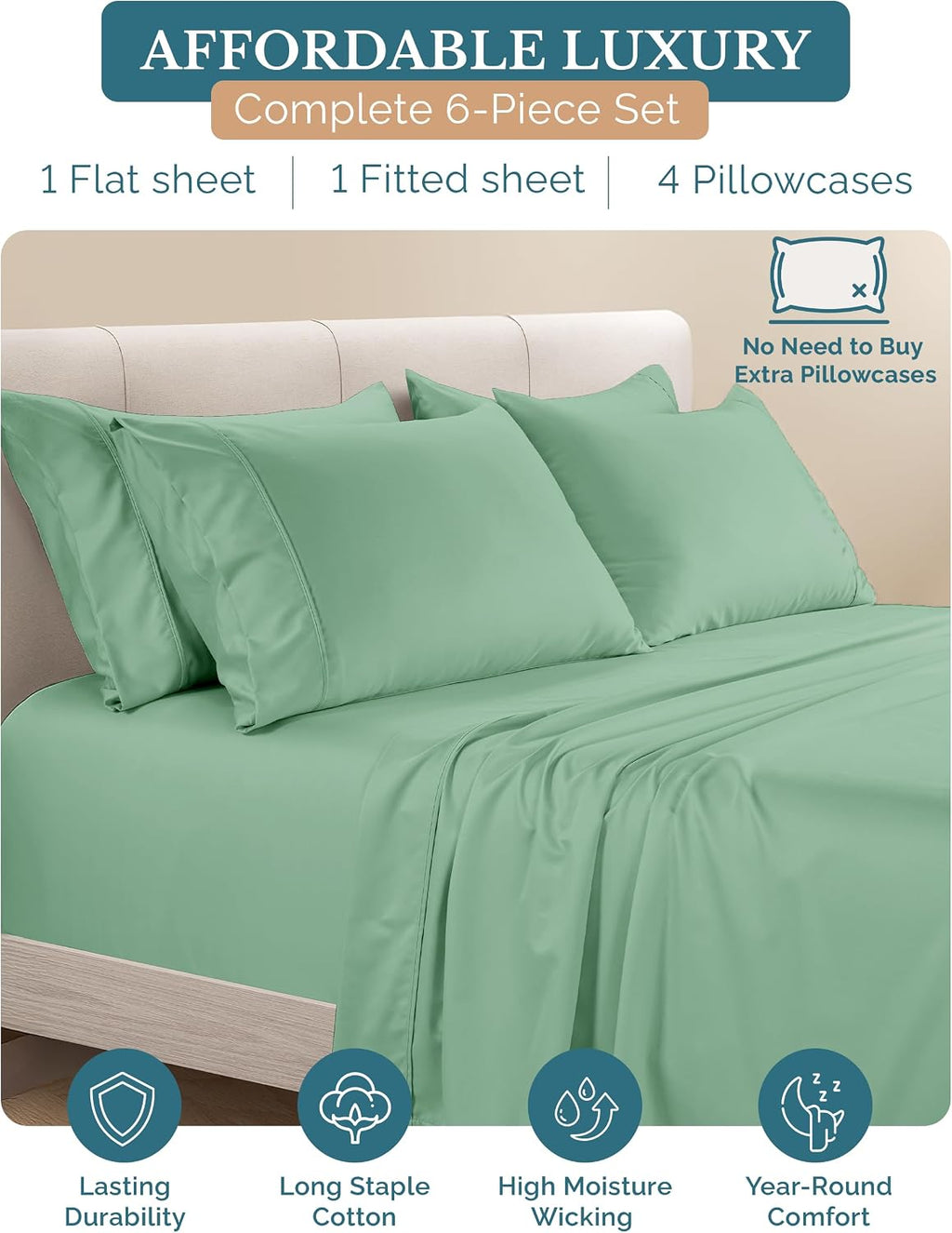 Casa Platino 100% Cotton Sheets Cal King, 6 Piece Bed Set with 500 Thread Count Silky Sateen Finish, Ideal for Everyday Use, 15 Inch Deep…