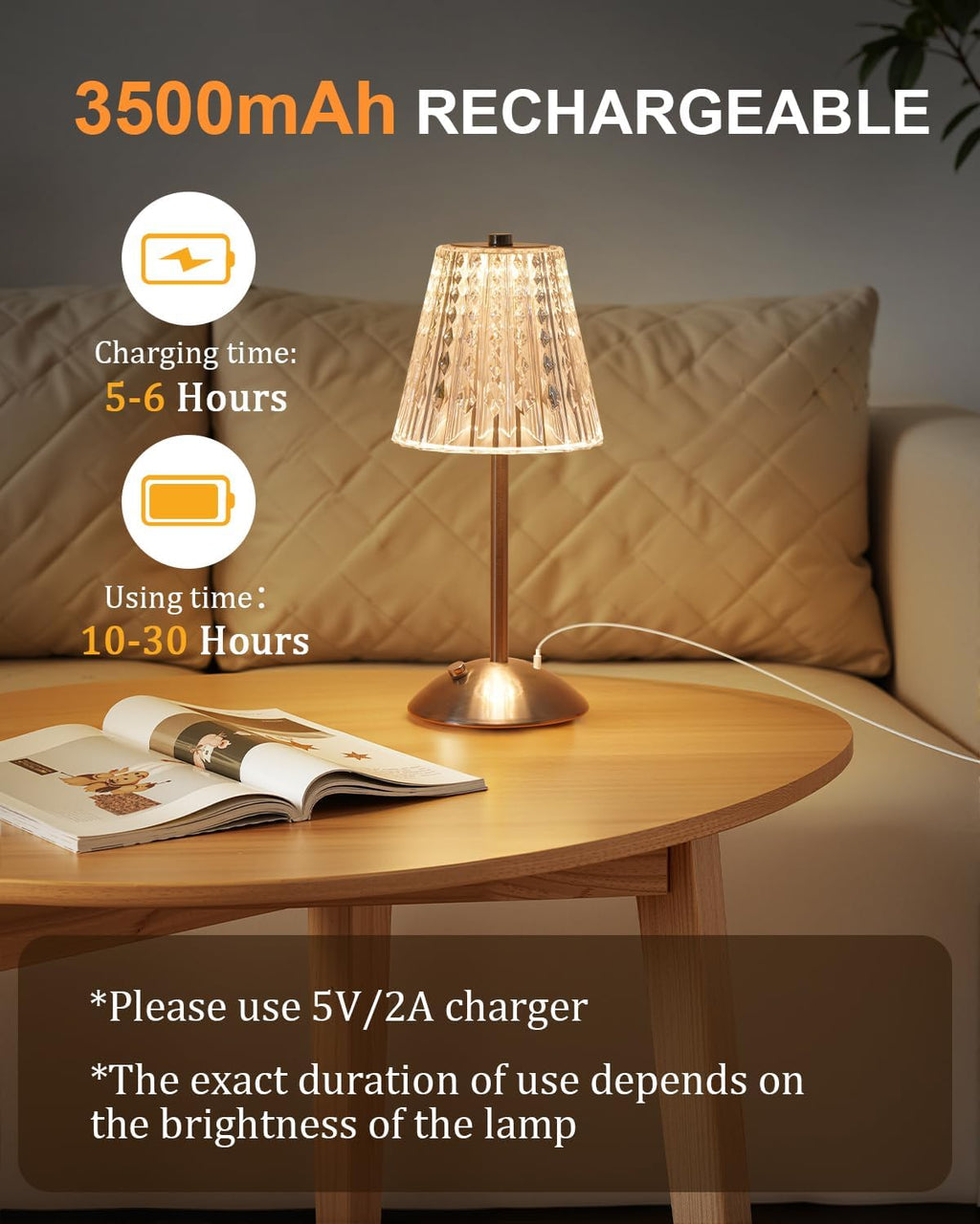 Nusogon Cordless Touch Table Lamp, LED Rechargeable Small Dask Lamp, 3 Colors Dimmable Battery Operated Crysta Lamp for Bedroom…