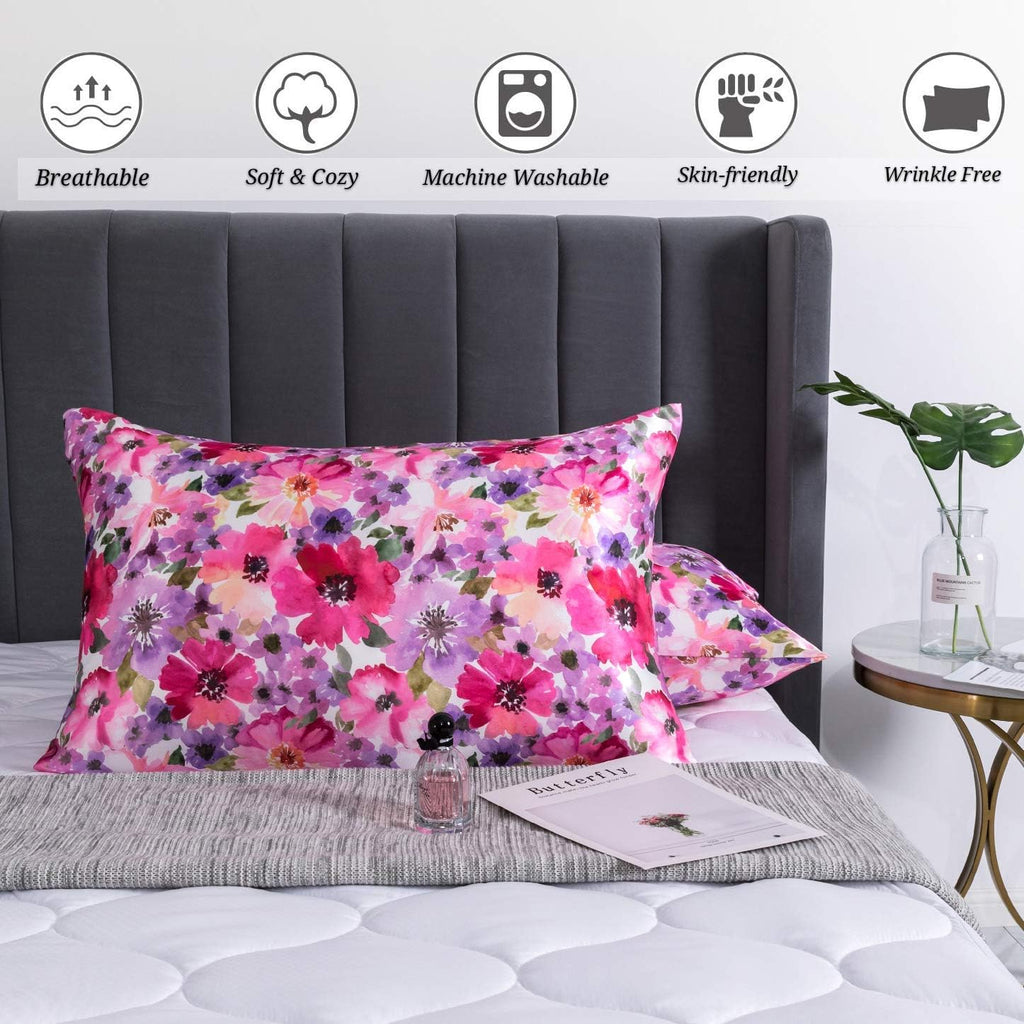 Lcbd Satin Pillowcase for Hair and Skin, Queen Size Printed Pillow Cases Set of 2, Silky Floral Print Pillow Covers with Envelope Closure,…