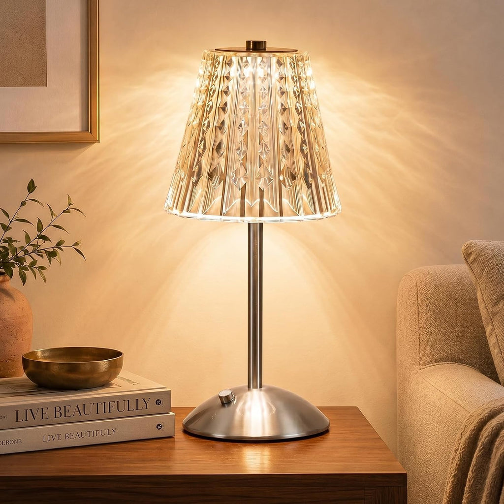 Nusogon Cordless Touch Table Lamp, LED Rechargeable Small Dask Lamp, 3 Colors Dimmable Battery Operated Crysta Lamp for Bedroom…